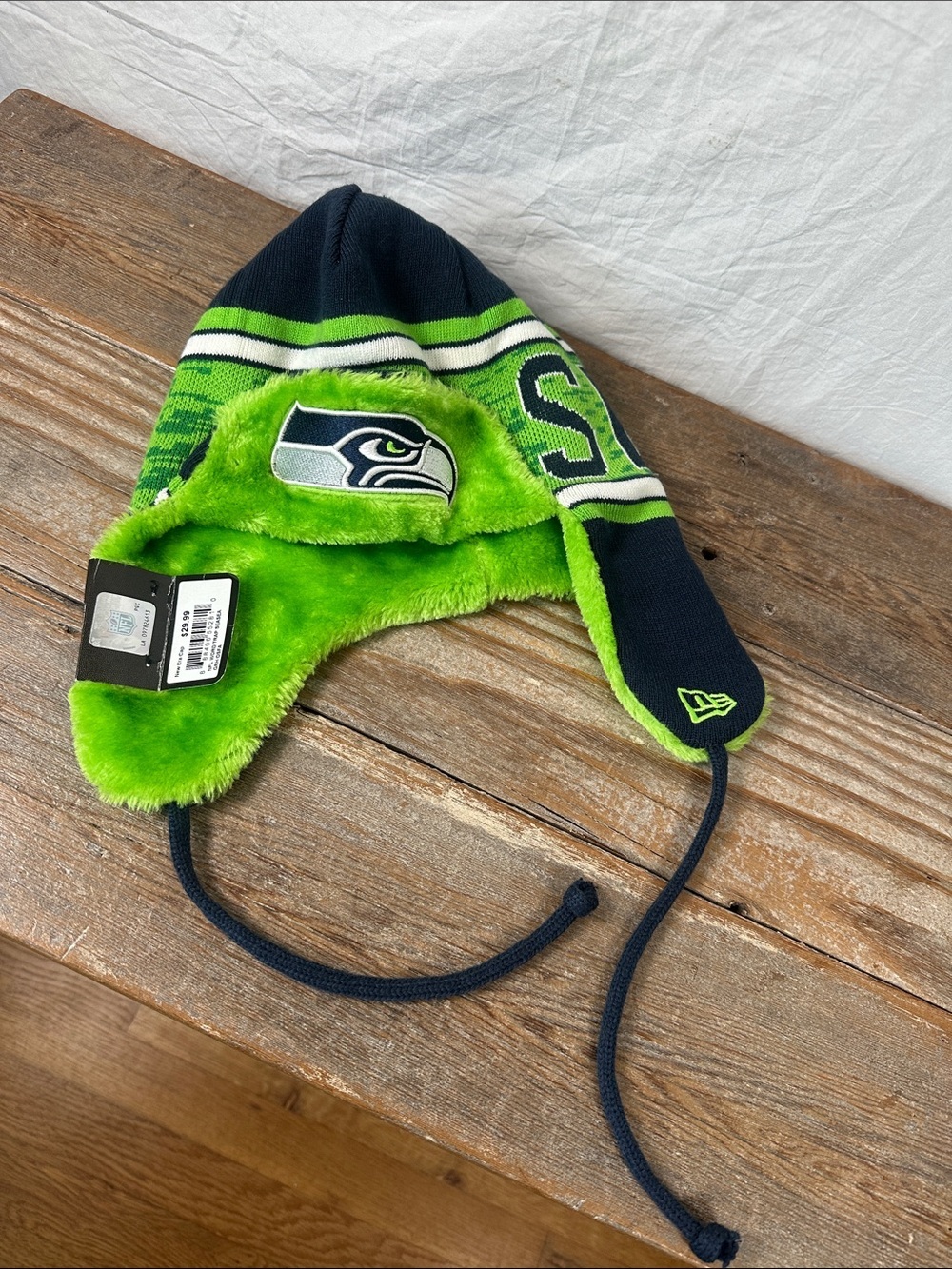New Era Seattle Seahawks Navy and Neon Green Faux-Fur Trapper Hat